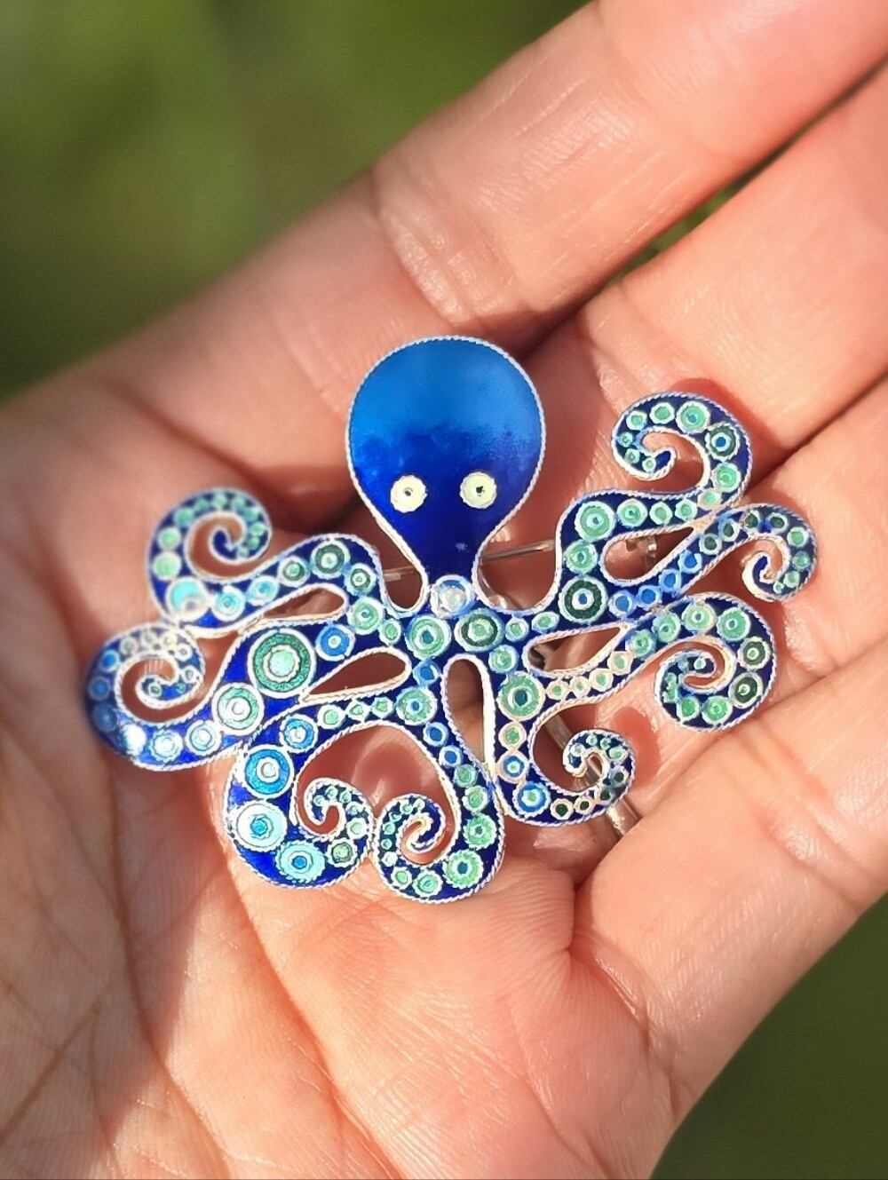 Vintage Norwegian style handcrafted guillochΓ© enamel sterling silver octopus